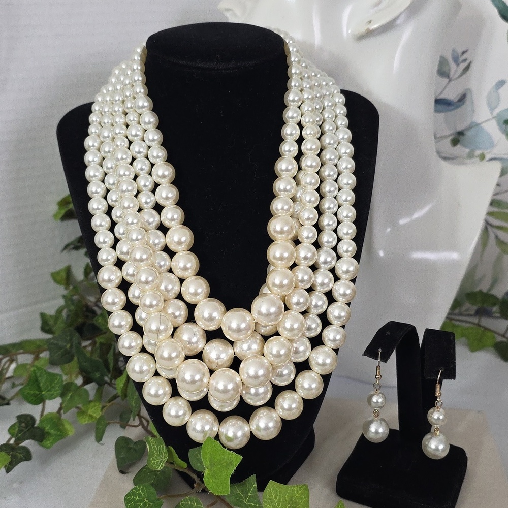 Five Strand Cascading Pearl Necklace with Earrings Set